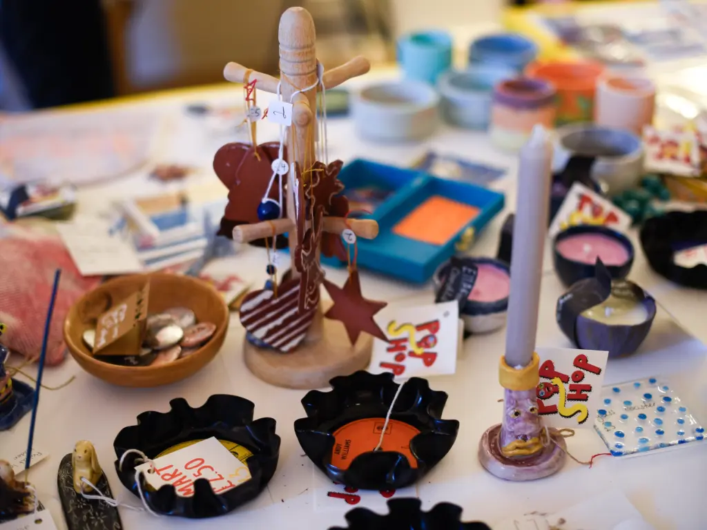 A variety of small art pieces produced by the second-year Art, Design & Communication students for sale at the course's annual Pop Shop.