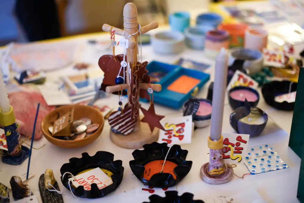A variety of small art pieces produced by the second-year Art, Design & Communication students for sale at the course's annual Pop Shop.