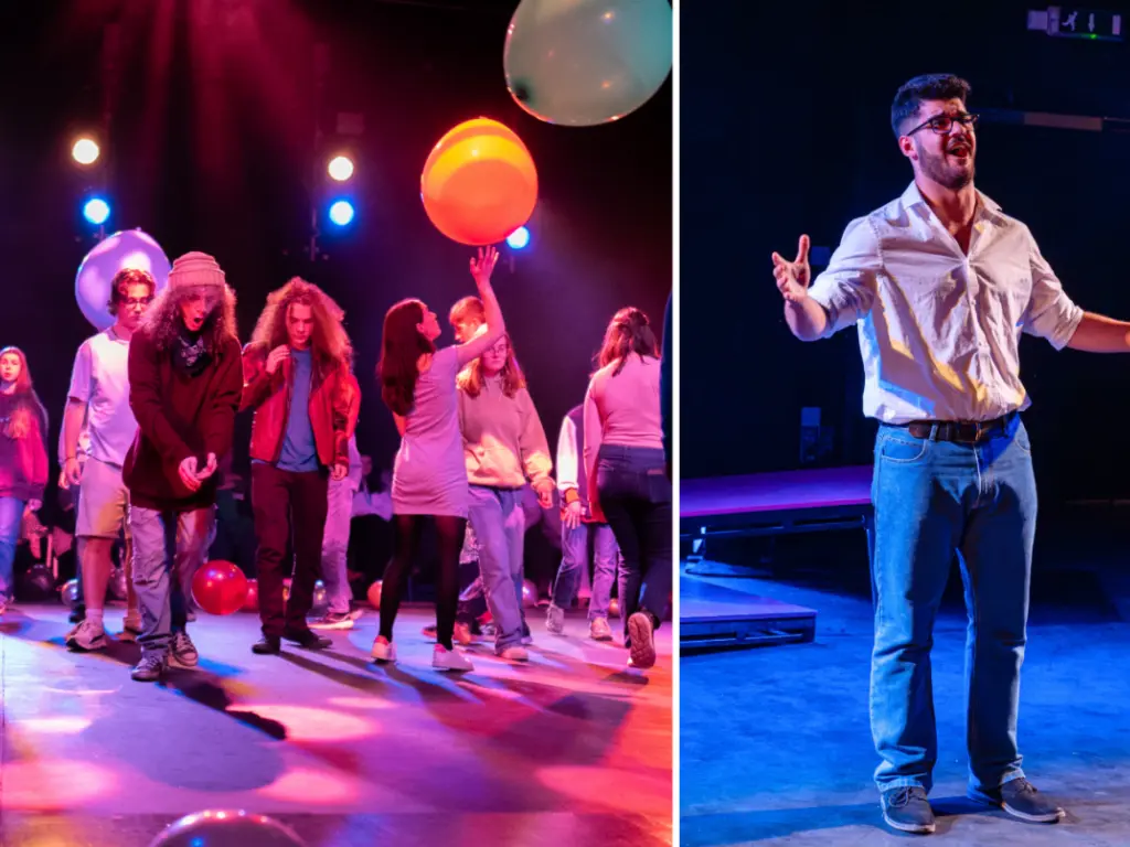 Two photos of post-16 performing arts shows, on the left an ensemble in vivid pink light with orbs floating above their heads. On the right, a lone singer performs a solo in a spotlight.