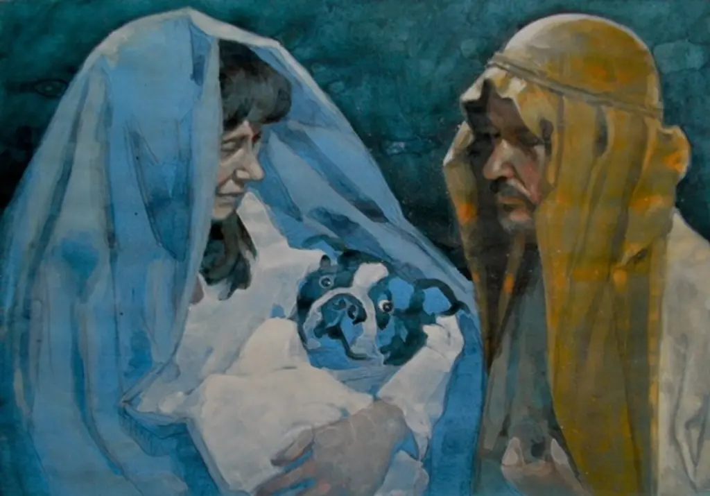 A painting of a couple in head coverings cradling a bulldog.
