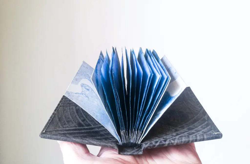 A hand holding up a small blue book, with it's pages fanned out.