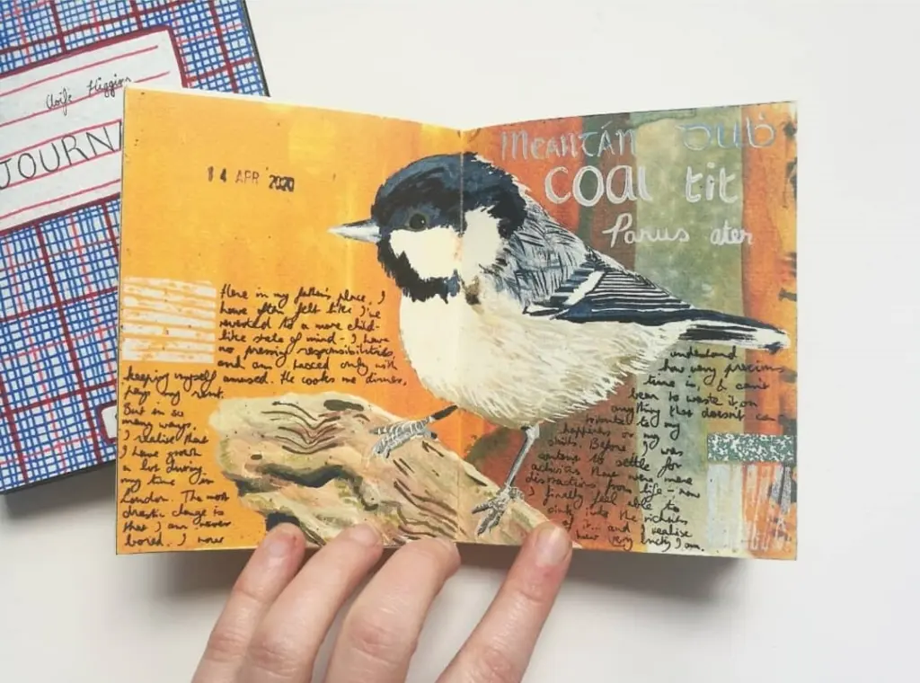 A page spread of a small hand-made zine. The colourful yellow page contains small, unreadable hand-written text and a painting of a black and white bird.