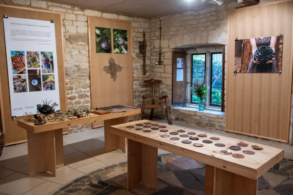 Project exhibition at Ruskin Mill showing inspiration and outcome from Ren Garside’s ‘Seeds of Resilience’ and Bradley Wills’s ‘Mycelial Metal’ residencies. (photo: Oliver Cameron-Swan)