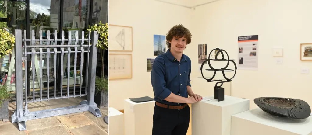 gate commission by HCA alumnus Sam Pearce. Right – Image 5. HCA Forged Metal Arts postgraduate student Cameron Pearson with his graduate work in the Earth Fire Iron exhibition. (photo. Oliver Cameron-Swan)
